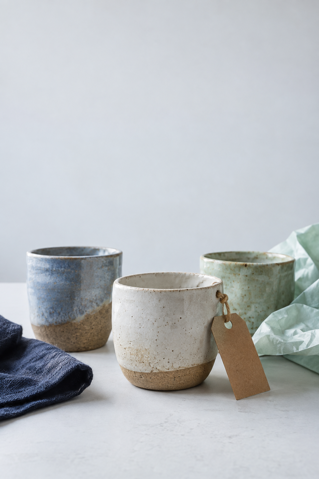 Three ceramic cups with a blank price tag, tissue paper and folded fabric.