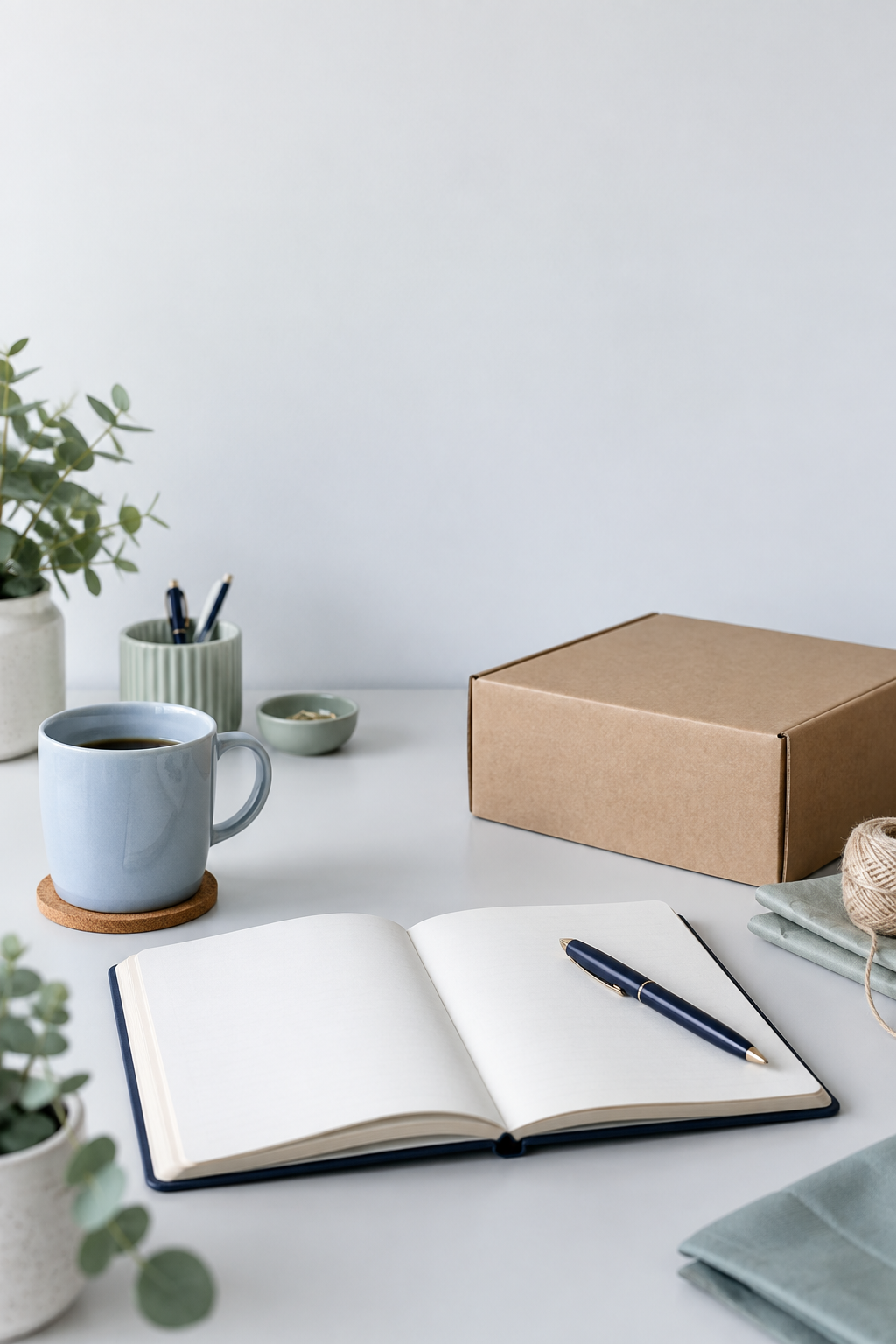 Open notebook and pen beside a shipping box and coffee on a light desk.