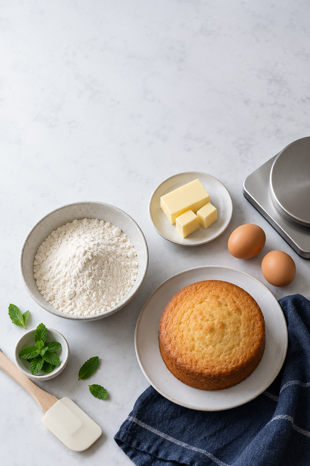 Cake, flour, butter, eggs and a kitchen scale arranged on a light work surface.